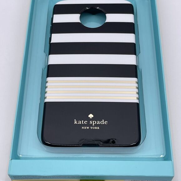 Kate Spade NY Hardshell Cell Phone Case Moto Z Droid Black White Gold Stripes - Picture 6 of 10